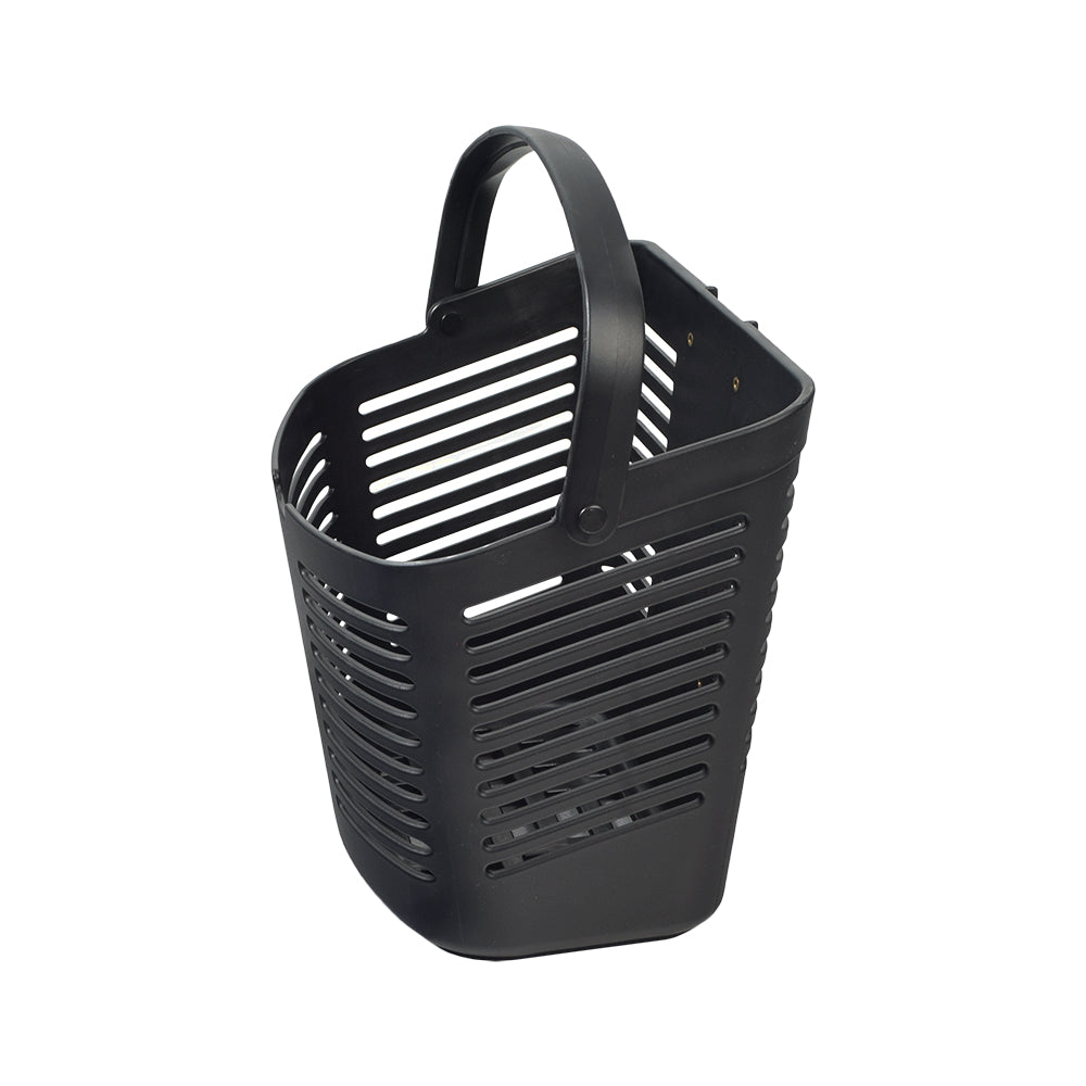 Front Basket with Hardware for Pride Pursuit XL (SC714), Wrangler (MV600), & Baja Wrangler 2 (BA400) Scooters, featuring a black plastic basket with a handle, suitable for shopping and storage.