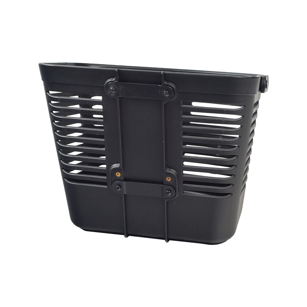 Front Basket with Hardware for the Pride Pursuit XL (SC714), Wrangler (MV600), & Baja Wrangler 2 (BA400) Scooters. Black plastic basket with holes designed for waste containment and storage.