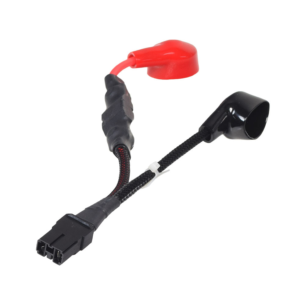 Battery Harness for the Jazzy 614, 614HD, & Quantum Q614 (Used), showing a close-up of the black and red cable with a red cap, including the positive and negative terminal eyes and connector.