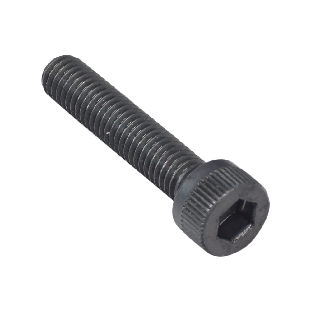 M6-1.0 X 30 mm Black Zinc Machine Screw (SCRSHCS1015) with a hexagon head, shown in close-up detail, highlighting its metal construction and precision threading.