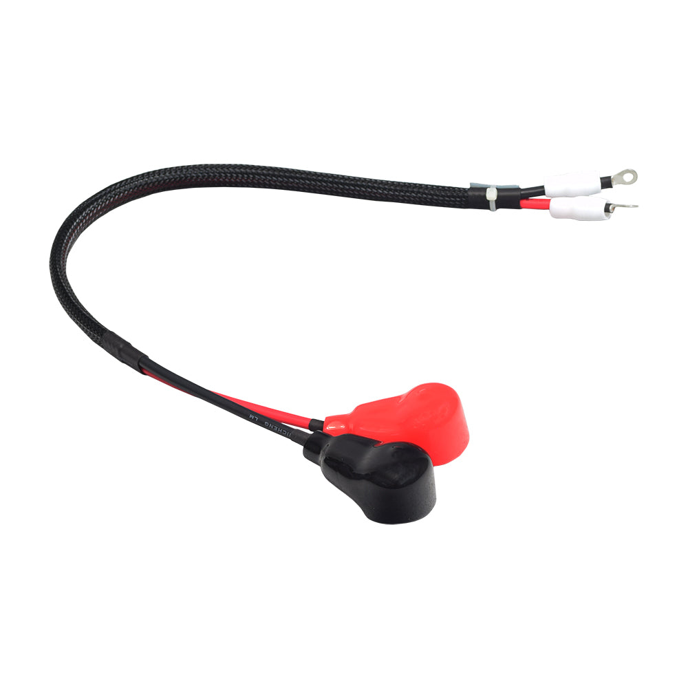 Positive Battery Terminal to Circuit Breaker Jumper for Jazzy & Quantum Power Chairs, featuring a close-up of red and black cables with eye loops, designed for compatibility with various power chairs.