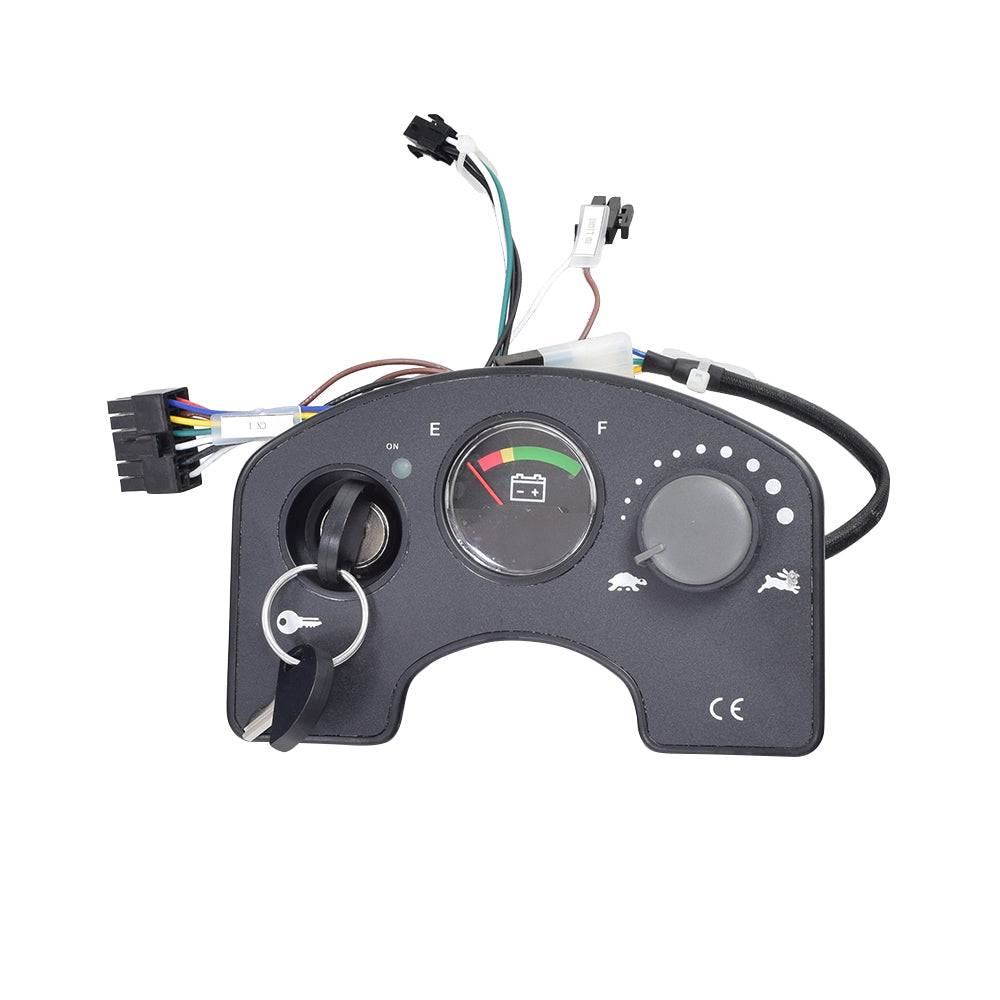 Console Assembly for the Pride Maxima (SC900/SC940) featuring a black device with buttons, gauges, wires, a key switch, and an LED battery meter.