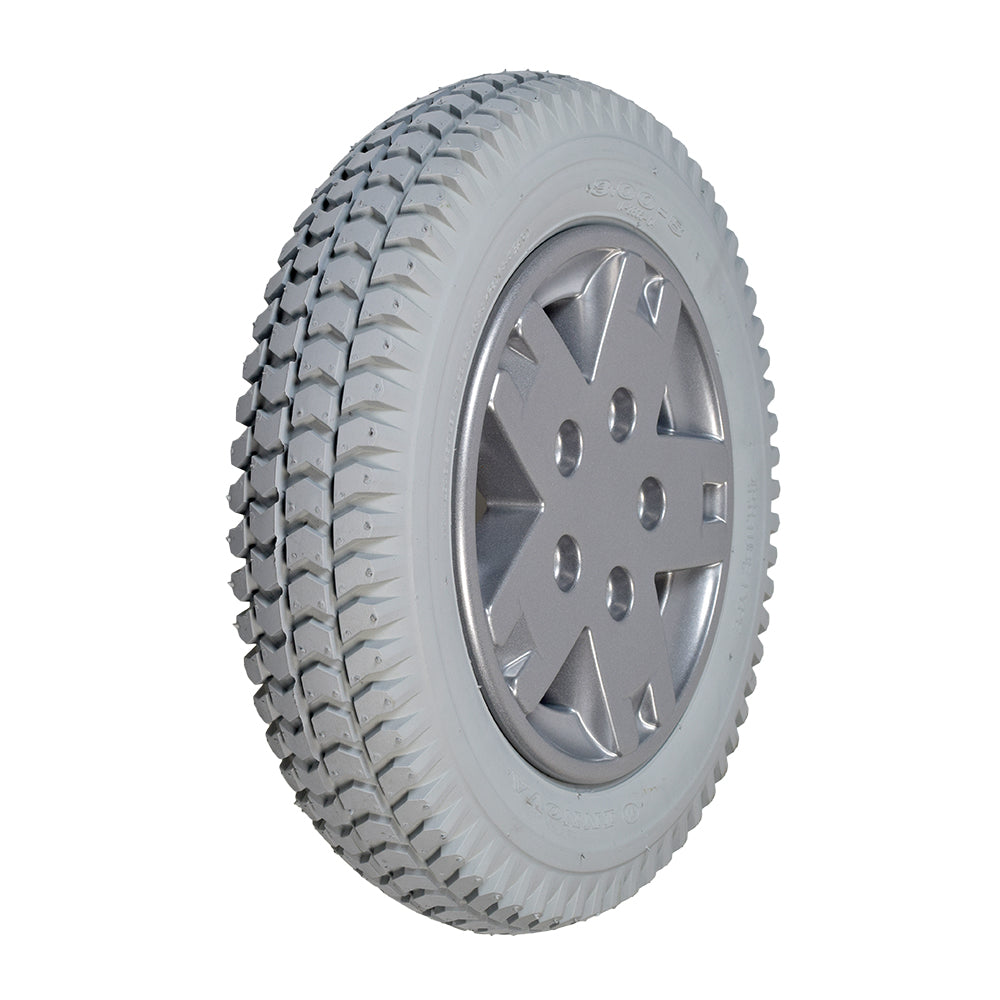 14x3 (3.00-8) Flat Free Drive Wheel Assembly for the Quantum Q6 Edge & Rival, featuring a close-up of the silver rim and gray tire, designed for maintenance-free performance.