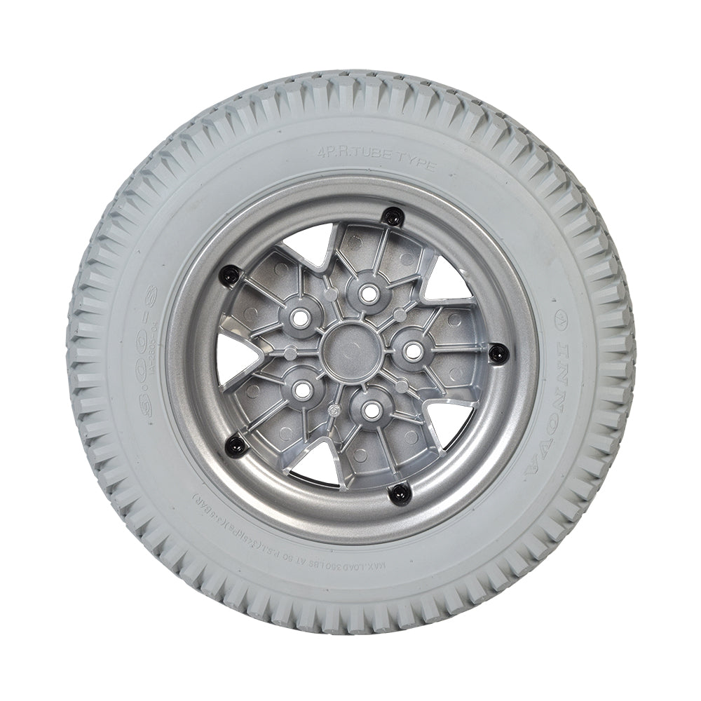 14x3 (3.00-8) Flat Free Drive Wheel Assembly for the Quantum Q6 Edge & Rival, featuring a silver rim and durable, gray, flat-free tire, ideal for maintaining consistent performance without pressure upkeep.