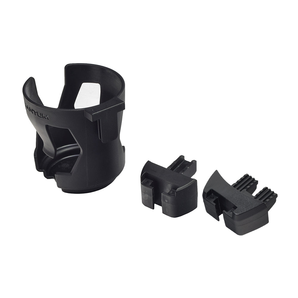 Cup Holder for Quantum Power Chairs with Tru-Balance Seating, featuring a black plastic design with several attachment pieces, shown close-up, highlighting its secure mounting mechanism and T-slot compatibility.