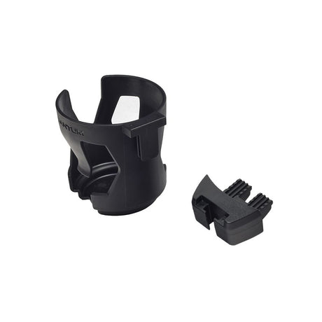 Cup Holder for Quantum Power Chairs with Tru-Balance Seating, showing a black plastic holder designed for secure mounting on T-slot channels of armrests, side rails, or accessory bars.