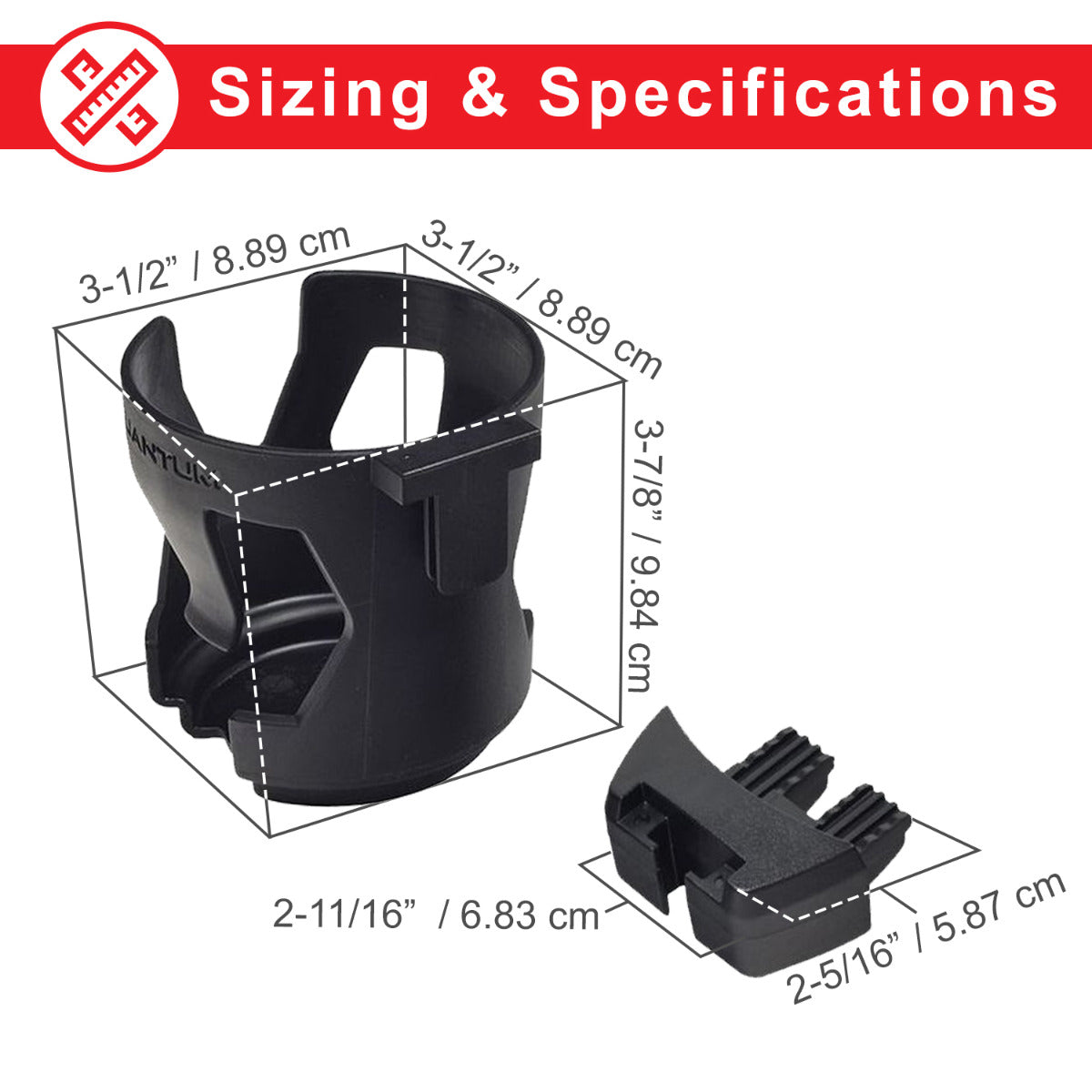 Cup Holder for Quantum Power Chairs with Tru-Balance Seating, a black plastic device shown with measurements, designed for mounting on T-slot channels of the armrest, side rails, or accessory bar.