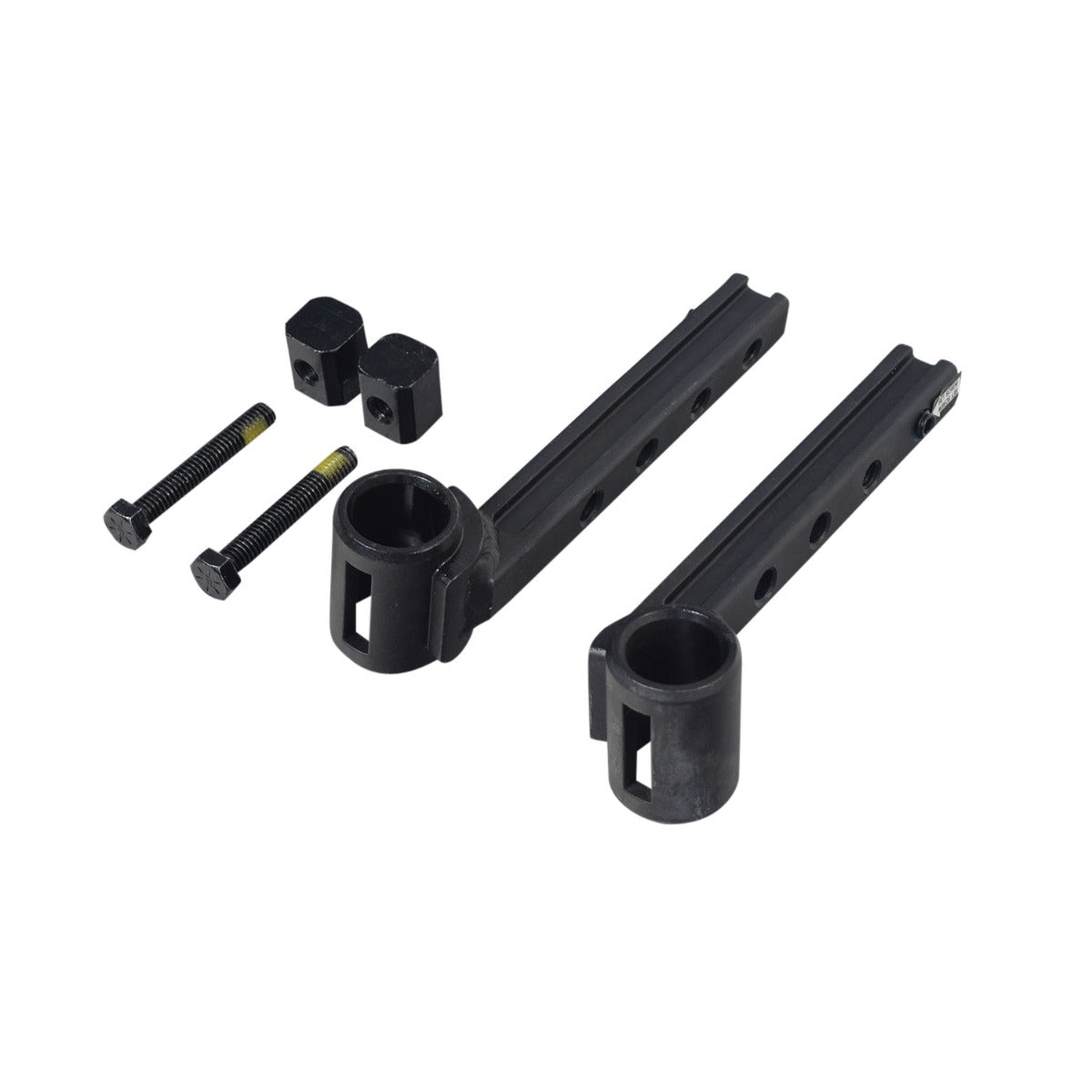 Leg Rest Hanger Assembly for the Quantum R-4000 Power Chair (Set of 2) showing black metal hangers with screws, bolts, and holes for attachment.