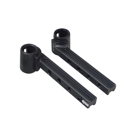 Leg Rest Hanger Assembly for the Quantum R-4000 Power Chair (Set of 2), showing two black metal hangers with holes, bolts, channel nuts, and cup-point set screws.