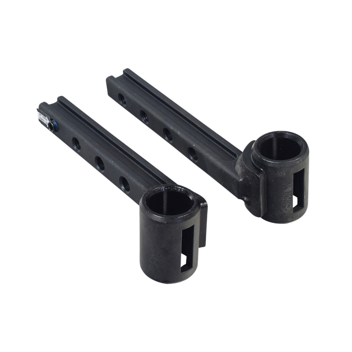 Leg Rest Hanger Assembly for the Quantum R-4000 Power Chair (Set of 2), featuring two black metal parts with multiple holes, designed for secure attachment to the chair’s leg rests.