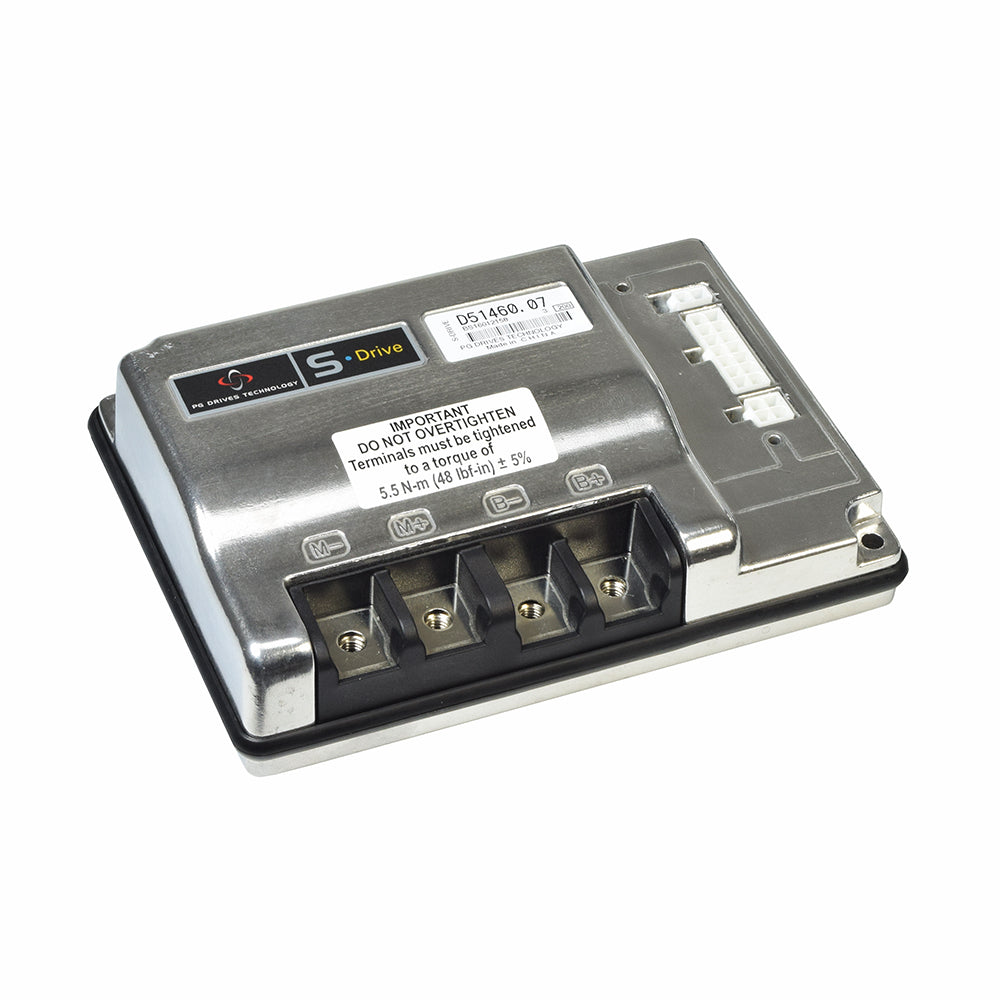 180 Amp S-Drive Controller for the Pride Pursuit XL (SC714), a silver electronic device with a white label, featuring visible ports and barcodes, essential for scooter functionality.