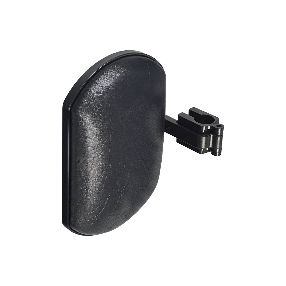 Calf Pad Assembly with Hardware for the Jazzy Select 6, featuring a sleek black leather seat and a secure black clip.