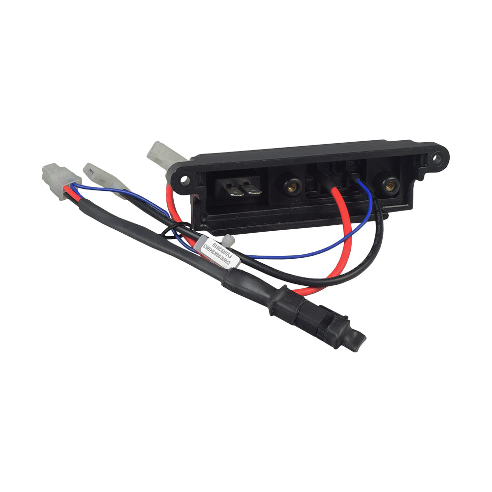 Battery Base Connector Assembly for the Go-Go Sport (S73/S74) featuring black electrical device with wires, battery box docking receptacle, ATO fuse, and mounting hardware visibly interconnected.