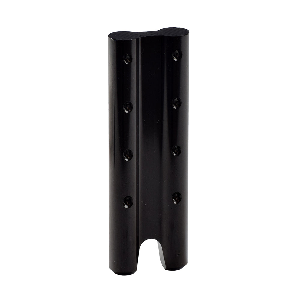 Height Adjustable Armrest Extrusion Block for Quantum Power Chairs, showing a close-up of the black metal tube with multiple holes for adjustable bolts, designed to fit inside the armrest assembly.