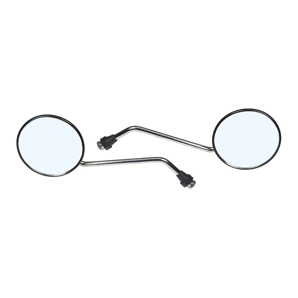 Round Mirror Set for Scooters featuring two 4 mirror discs mounted on 8 and 9-3/4 chrome rods, compatible with various scooter models via common right-hand 8 x 1.25 metric thread.