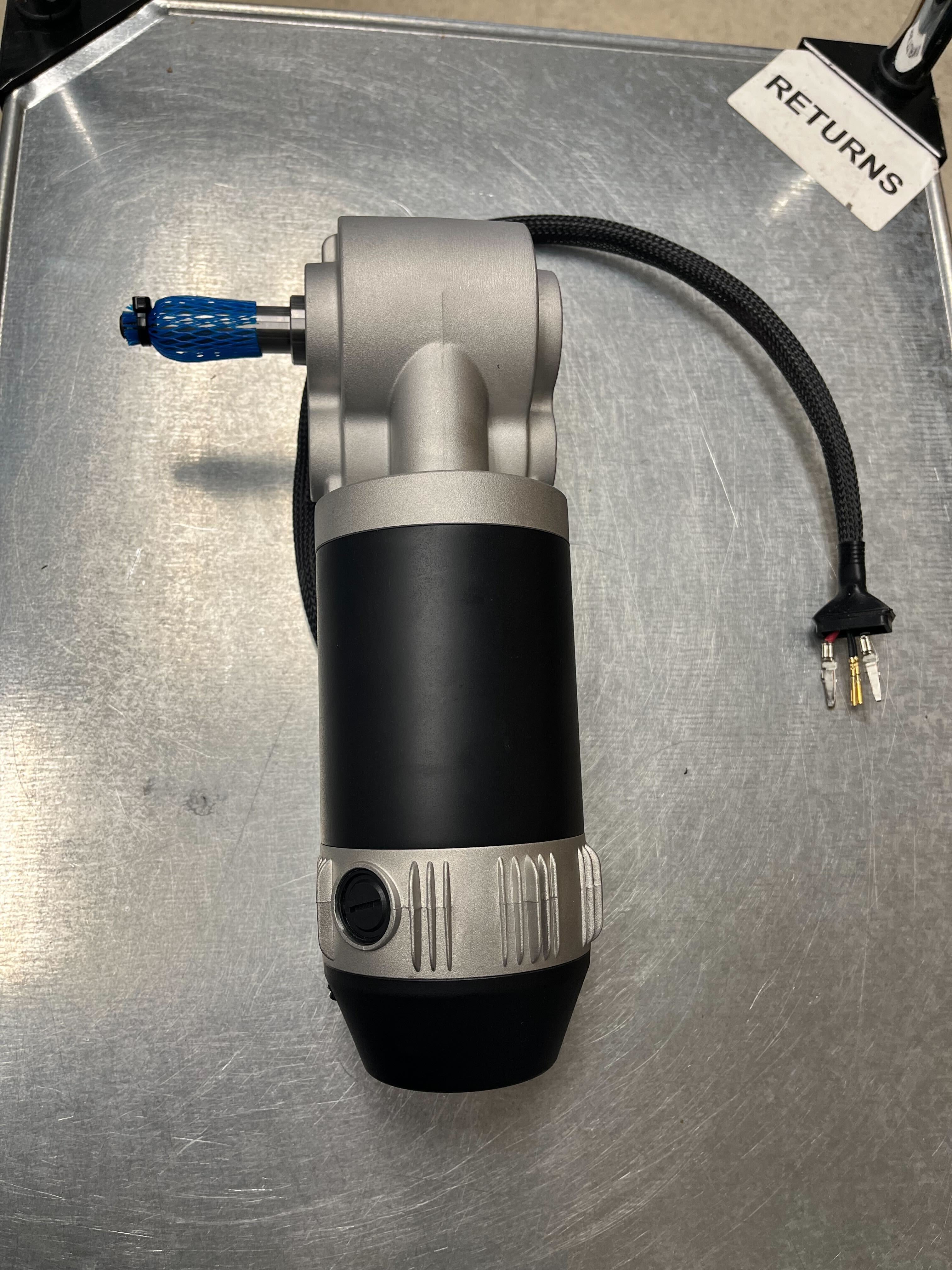 Right Drive Motor for the Jazzy Elite 14 & Elite HD (Blemished) showing a black and silver electric drill-like motor assembly with visible connector pins, missing shroud, and attached motor brake.