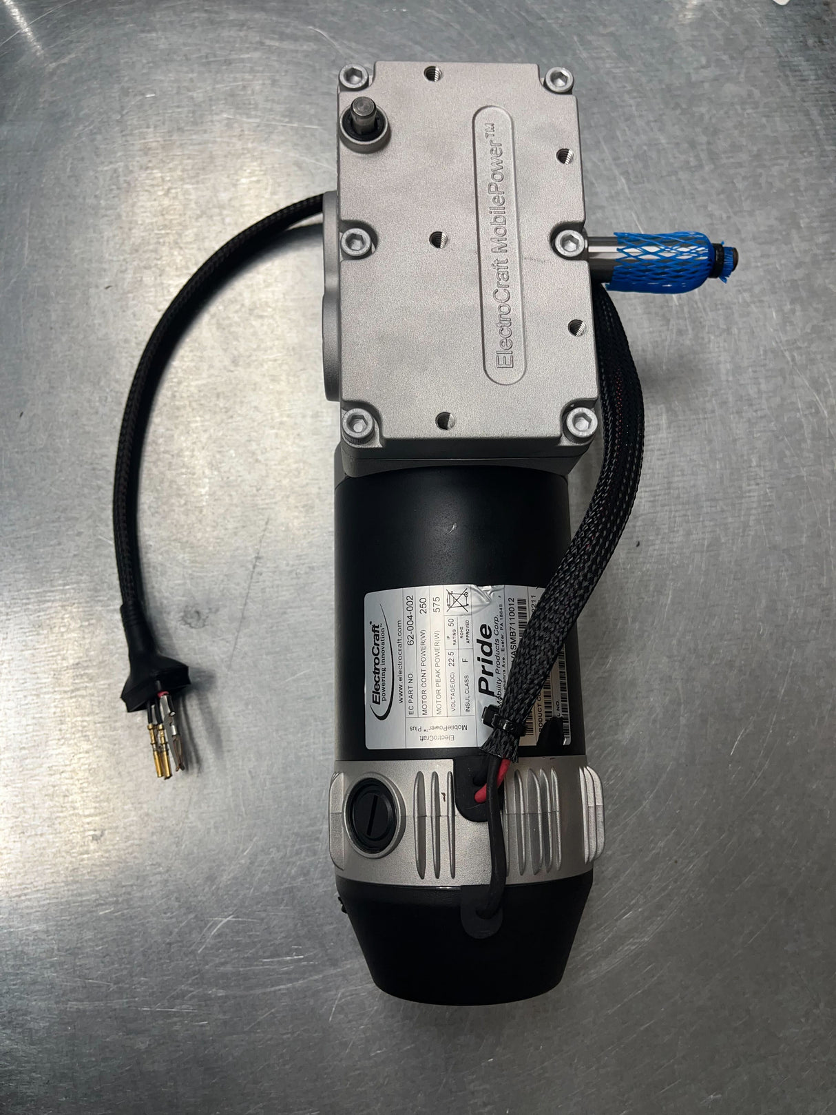 Right Drive Motor for the Jazzy Elite 14 & Elite HD (Blemished) - a black and silver motor assembly with a black cord, showcasing the motor and motor brake, connector pins visible.