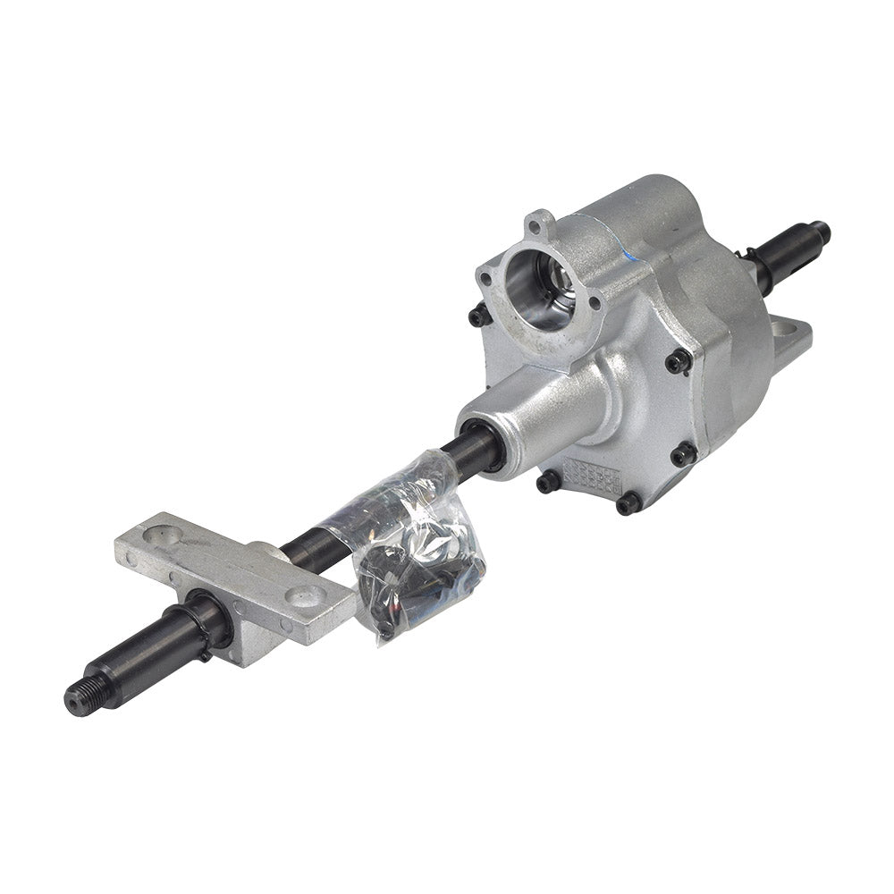 Transaxle for the Go-Go LX with CTS Suspension (S50LX/S54LX) (Blemished), showing a metal object partially wrapped in plastic, missing the motor and brake, but includes hardware and two shaft axle keys.