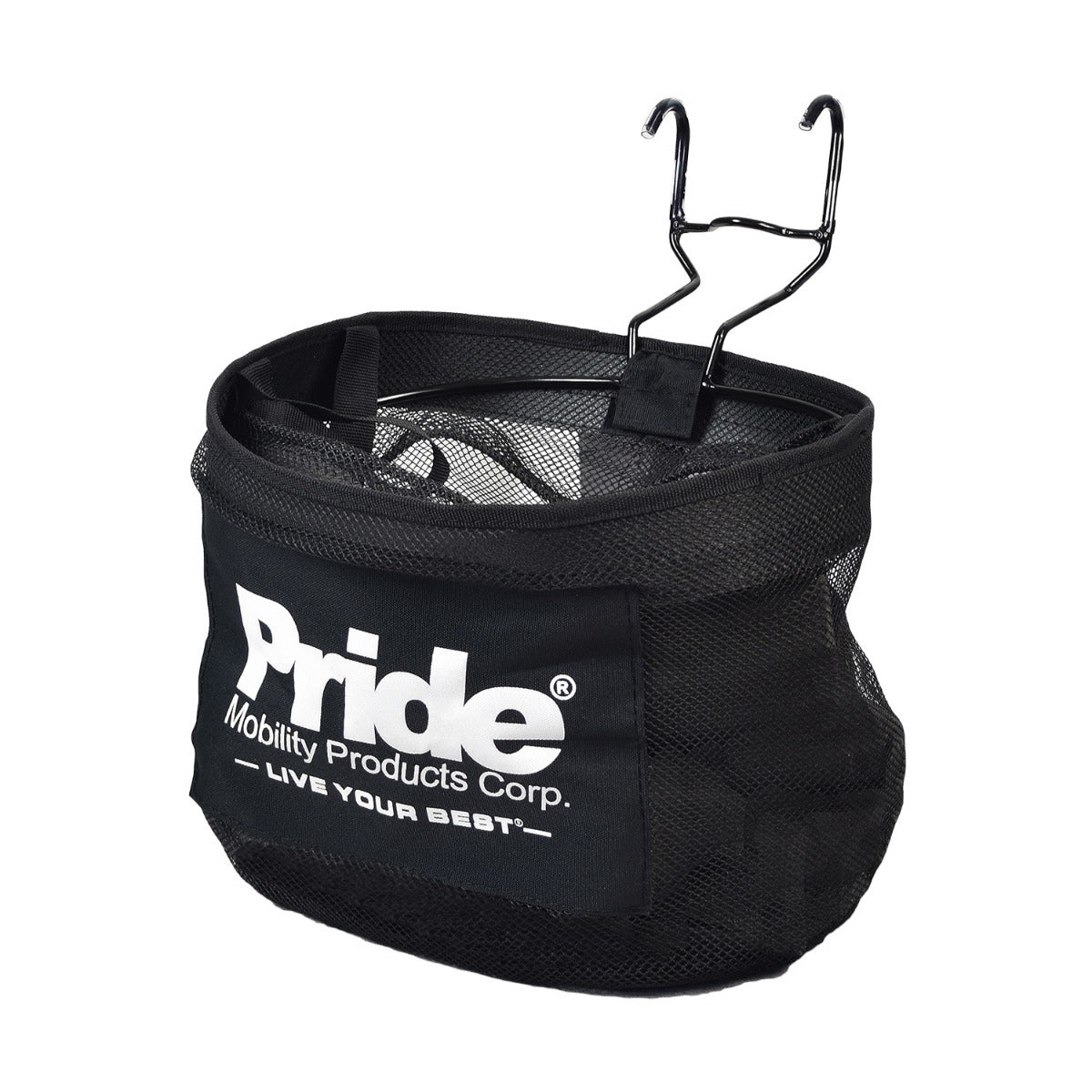 Front Basket Assembly for the Go-Go ES2 (S81) features a black mesh bag with a sturdy wire clip, designed for easy attachment and convenient storage on your travel mobility scooter.