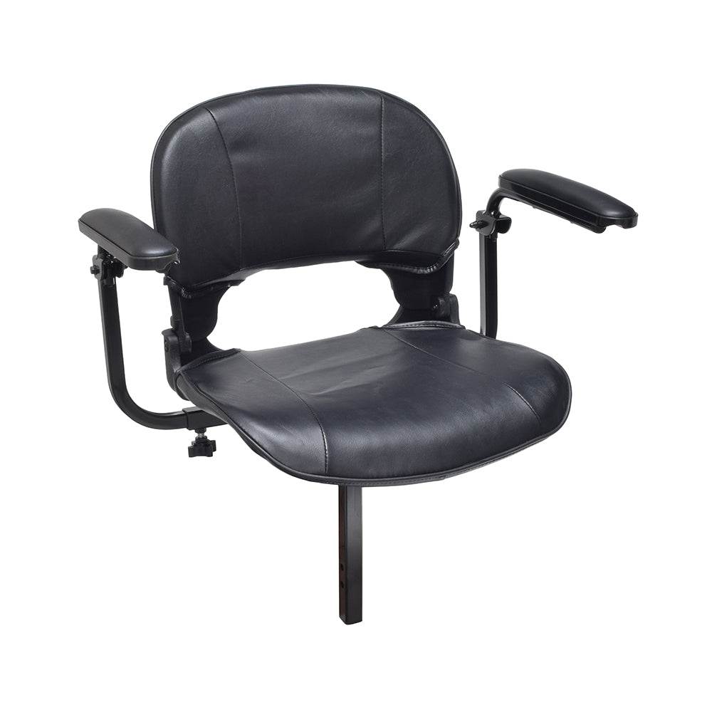 Complete Seat Assembly with Armrests for the Go-Go ES2 (S81); includes a foldable, black vinyl chair with armrests, seat plate, and 1 square post.