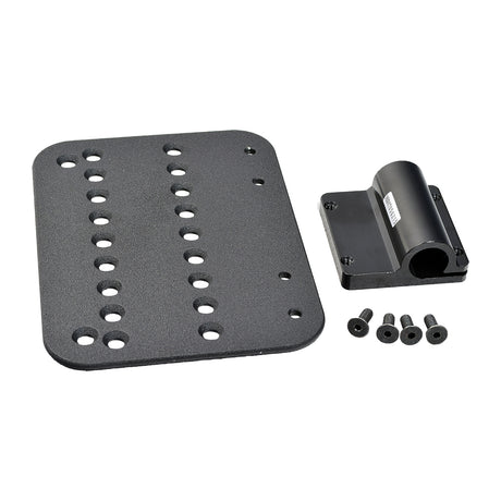 6x8 Angle-Adjustable Footrest for Quantum Power Chairs, featuring a black plastic plate with holes, an offset mounting block, and fastening hardware, suitable for either side installation.