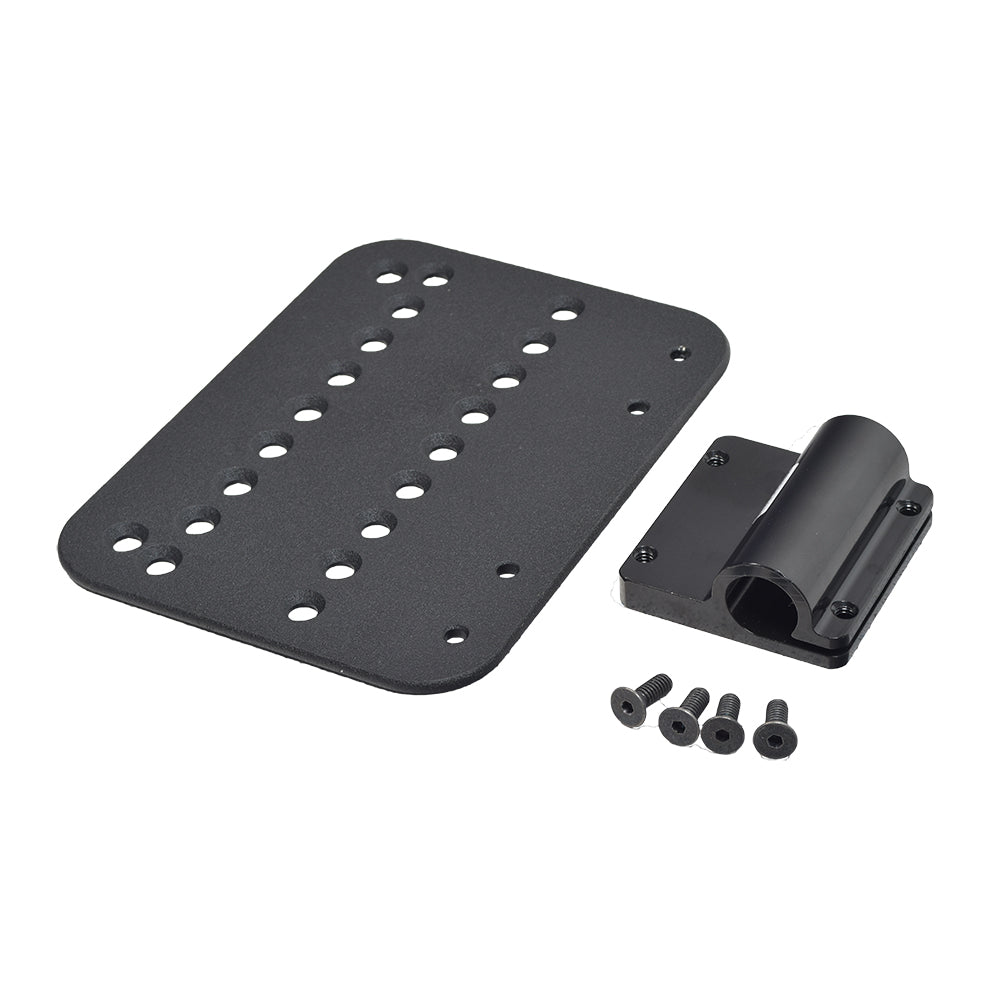 6x8 Angle-Adjustable Footrest for Quantum Power Chairs, showing a black footrest plate with holes, an offset mounting block, and screws for secure attachment.