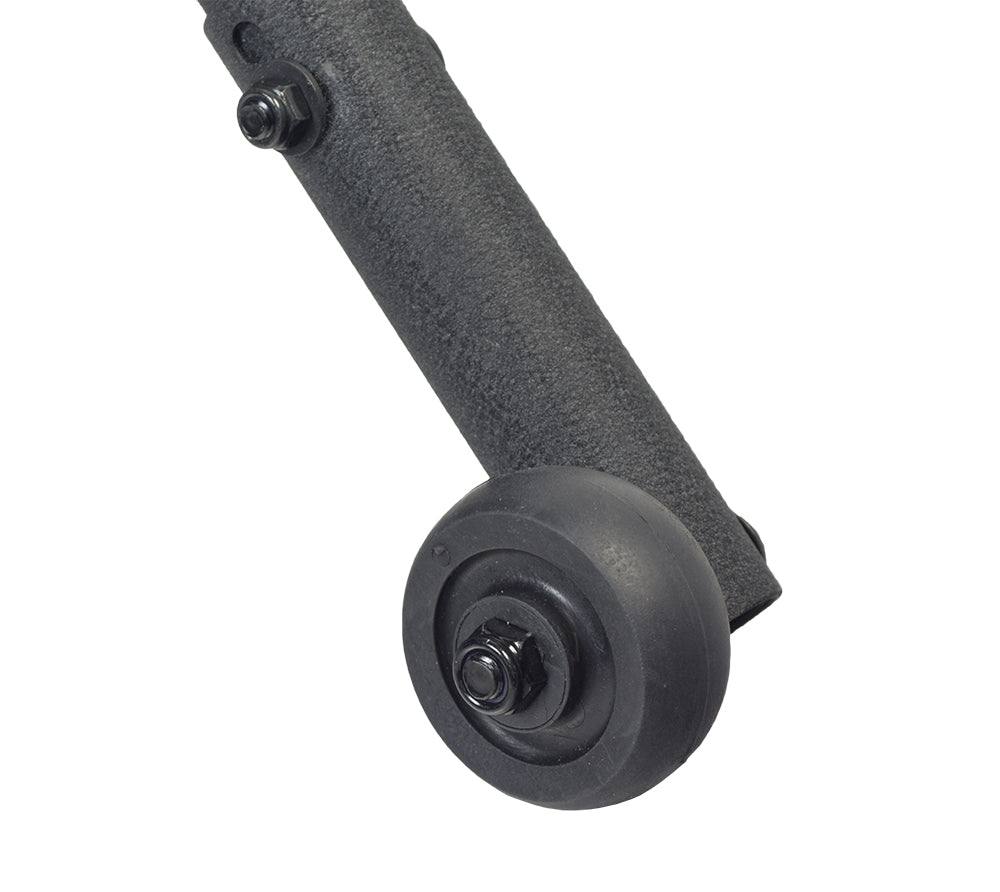 Anti-Tip Assembly (Pair) for the Pride Stylus & Stylus LS Manual Wheelchair, featuring black wheels with black rubber tires and nuts, designed to enhance wheelchair stability.