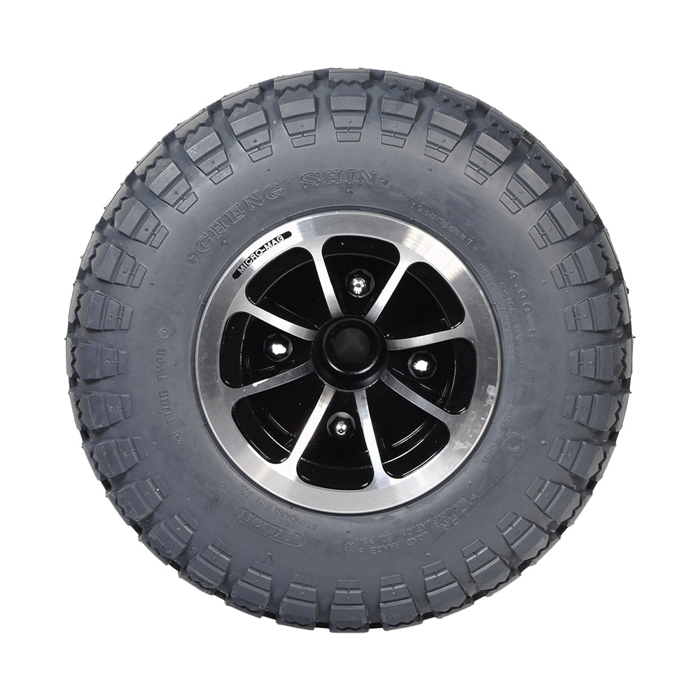 14x4 Flat-Free Drive Wheel Assembly for the Jazzy 1450 & Quantum Q1450, featuring a black 2-piece rim and a knobby tread tire.