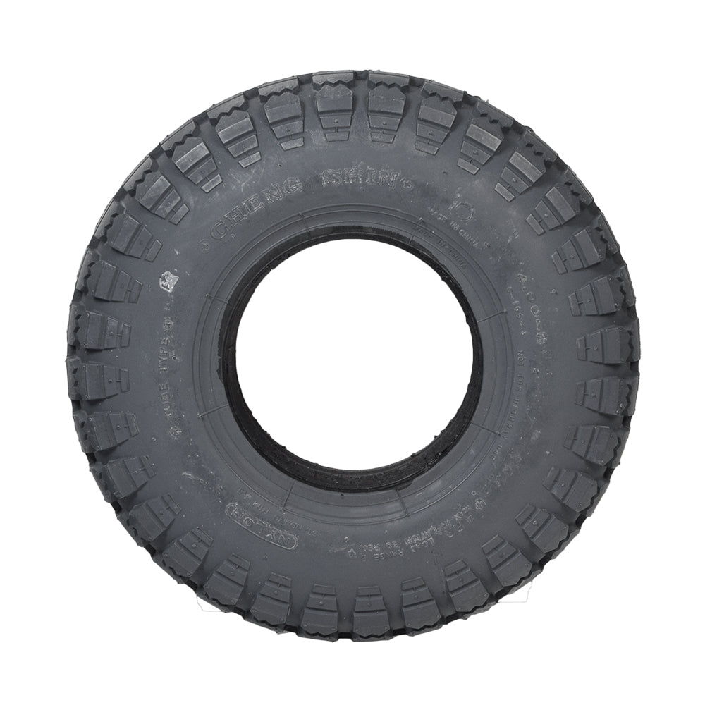 14x4 Flat-Free Tire with C166 Knobby Tread designed for the Jazzy 1450 and Quantum Q1450 power chairs, featuring a central hole and robust knobby tread for enhanced grip.