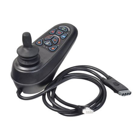 9-Key VR2 Joystick for the Jazzy 1450 & Quantum Q1450, featuring a black remote control with a Y-cable and buttons for actuator and lighting controls, essential for power chair functionality.