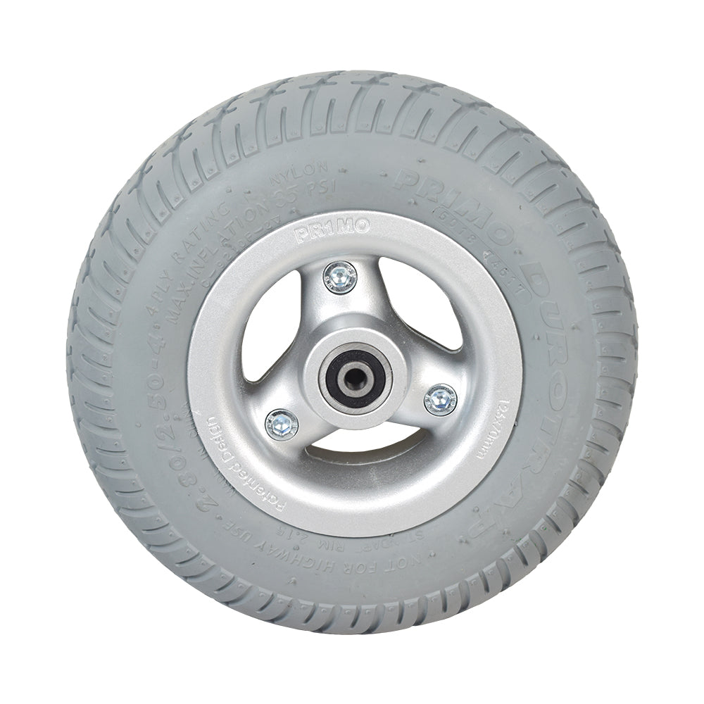 9 Flat-Free Caster Wheel for the Quantum Rival, featuring a gray tire on a silver rim with pre-installed bearings and spacer. Ideal for power chairs, highlighting durability and maintenance-free design.