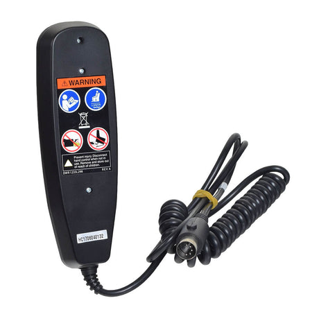 6-Button Hand Control for the Pride LC525 & LC576 Lift Chairs (Made before 2013), featuring a black remote control with a coiled cord and a visible white sticker with black numbers.