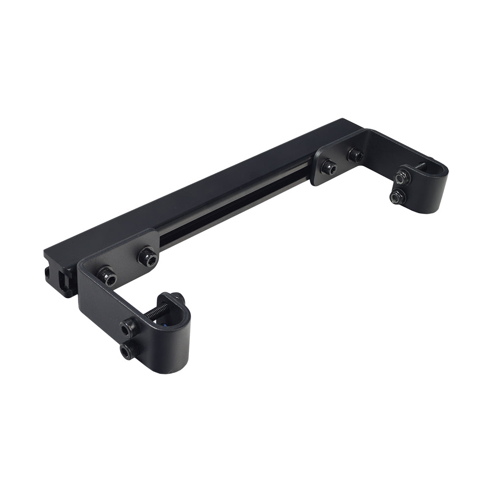 Accessory Bracket for the Tru-Balance 3 Seating System on the Quantum Power Chairs, featuring a black metal object with screws, side clamps, and necessary hardware for installing accessories like crutch or oxygen tank holders.