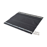 18x16 Seat Sling Assembly for the Pride Stylus LS Wheelchair, featuring a black tarp with silver metal clips and strips, plus included screws on a white surface.