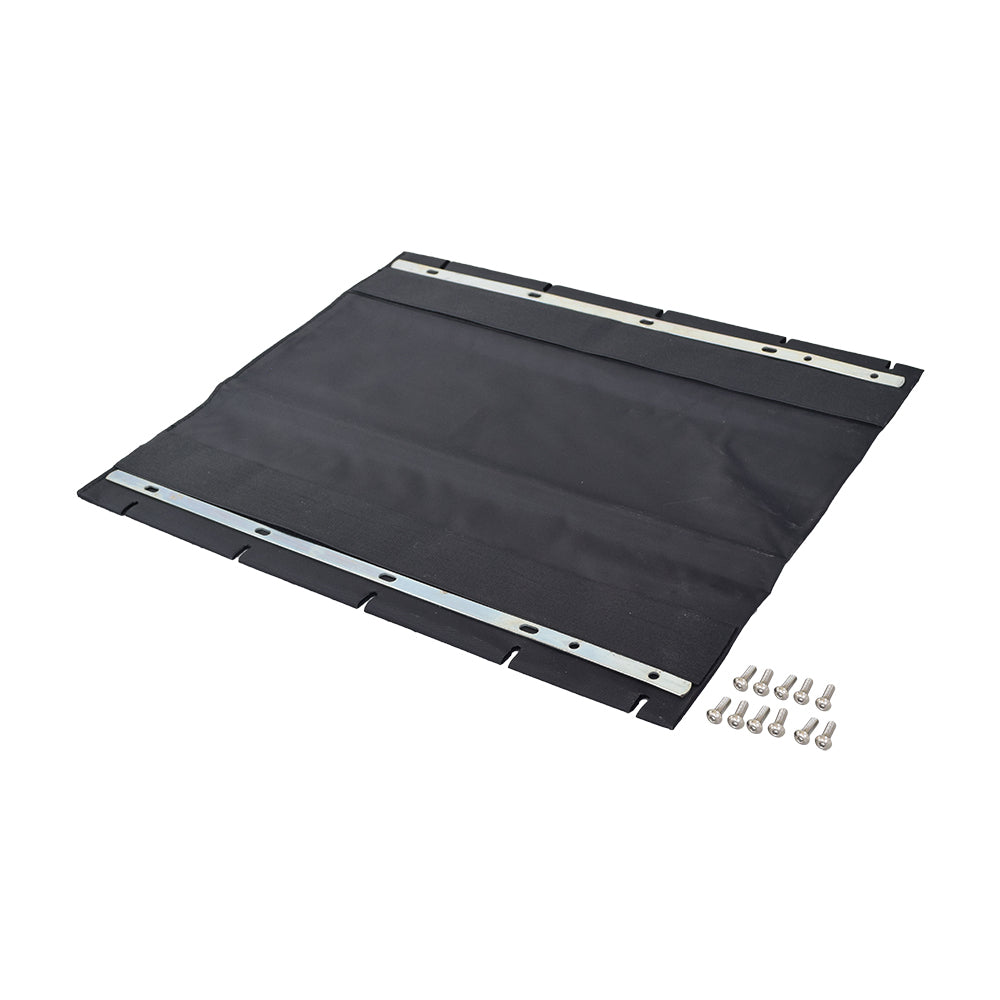 18x18 Seat Base Sling Assembly for the Pride Stylus LS with black tarp, silver metal clips, and included screws on a white surface.