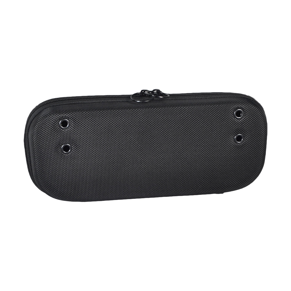 Glove Box for Tru-Balance 3 Seats on Quantum Power Chairs, a black bag with three holes and a ring, designed for easy mounting on armrests, side rails, or accessory bars.