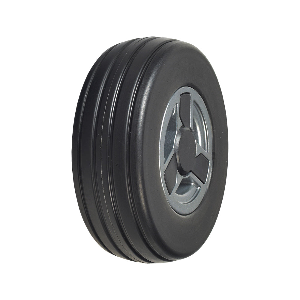 6 Black Caster Wheel Assembly for the Go-Go Go Chair (2016 & Newer) featuring a flat-free black solid tire on a gray Tri-spoke rim with a caster cap.