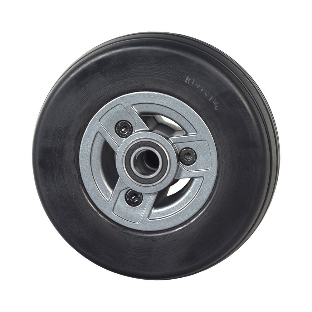 6 Black Caster Wheel Assembly for the Go-Go Go Chair (2016 & Newer) featuring a flat-free black solid tire on a gray Tri-spoke rim with caster cap, designed for durability and compatibility.