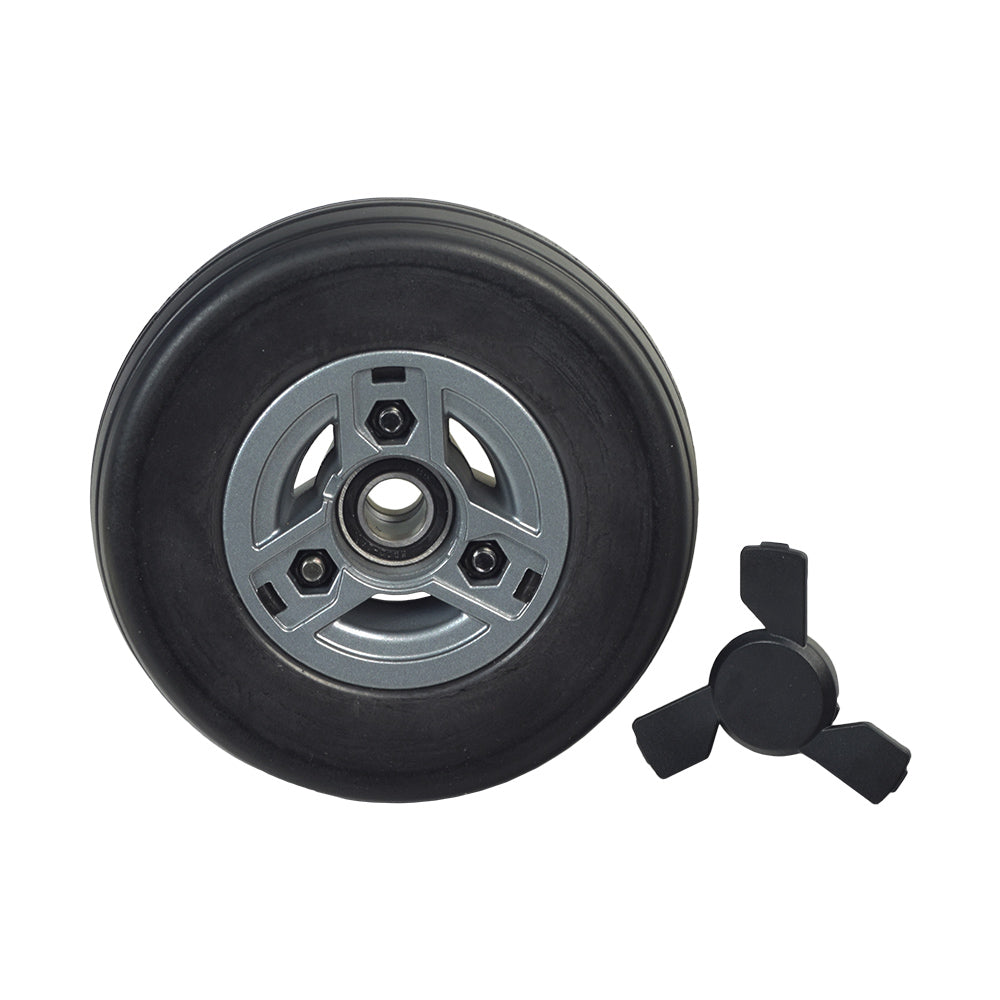 6 Black Caster Wheel Assembly for the Go-Go Go Chair (2016 & Newer) featuring a flat-free black tire on a gray Tri-spoke rim with a caster cap, suitable for the 2016 and newer models.