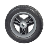 9 Foam-Filled Drive Wheel Assembly for the Go-Go Go Chair (2016 and Newer), featuring a black PU foam-filled tire on a Tri-spoke Euro Gray rim, designed to be flat-free.