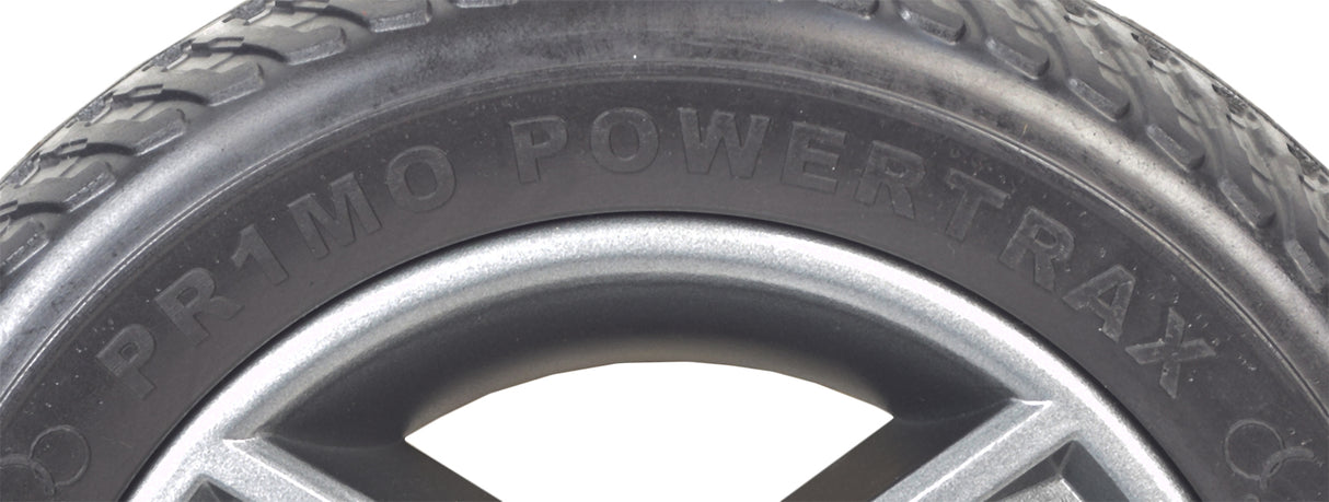 Close-up of the 9 Foam-Filled Drive Wheel Assembly for the Go-Go Go Chair (2016 and Newer), showcasing its black PU foam-filled tire on a Tri-spoke Euro Gray rim.