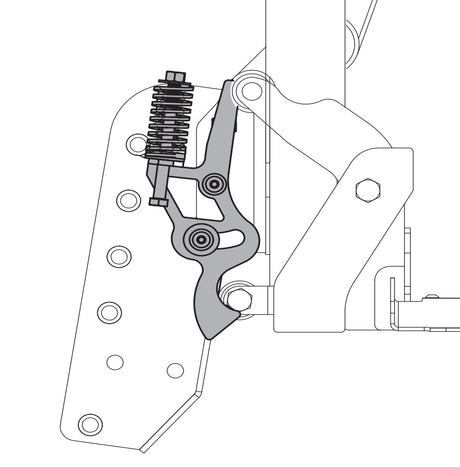 Mechanical Switch Assembly for Pride Outlander Series Vehicle Lifts: A detailed black and white sketch of a mechanical switch with a tension adjustable spring, bracket, and hardware.