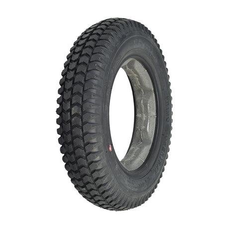 14x3 Flat-Free Black Tire with C-248 Powertrax Tread for the Quantum Q6 Edge 2.0 & Q6 Edge 2.0 X, featuring a robust knobby pattern and metal rim.