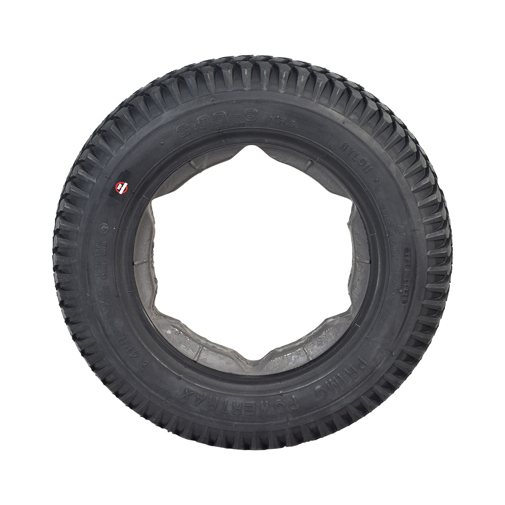 14x3 Flat-Free Black Tire with C-248 Powertrax Tread for the Quantum Q6 Edge 2.0 & Q6 Edge 2.0 X, showing a knobby tread pattern and central hole, designed for durability and dependability.