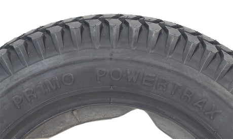 Close-up of a 14x3 flat-free black tire with C-248 Powertrax tread, designed for the Quantum Q6 Edge 2.0 & Q6 Edge 2.0 X power chairs, showcasing its durable knobby pattern.