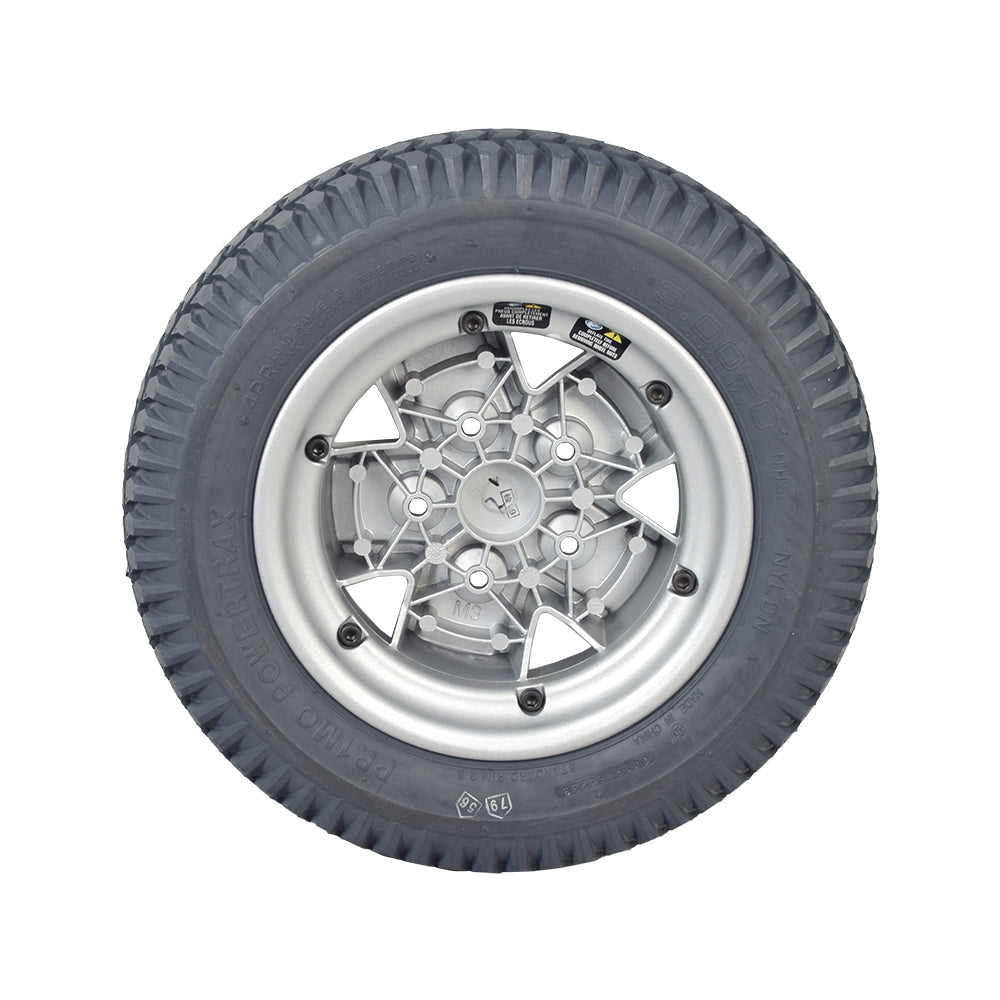 14x3 Run Flat Drive Wheel Assembly for the Quantum Q6 Edge HD & Q6 Edge Z featuring a silver rim and black tread, designed to prevent pneumatic mishaps.