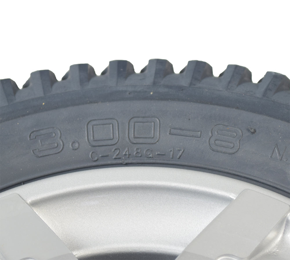 Close-up of the 14x3 Run Flat Drive Wheel Assembly for the Quantum Q6 Edge HD & Q6 Edge Z, showcasing the tire's tread and part of the silver-colored rim.