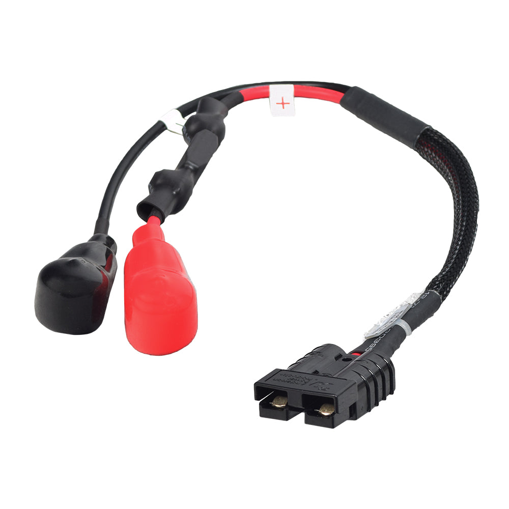 Battery Harness for the Jazzy Elite 14 & Elite HD Power Chairs, featuring a close-up of black and red cables with a red plug and connectors, designed to replace worn-out battery cables.