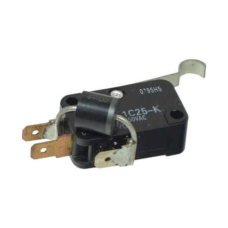 Microswitch for the Pride Backpacker Vehicle Lift Systems, featuring a black electronic device with metal rings and a lock, designed for specific pre-2013 units, with or without a 6 amp diode.