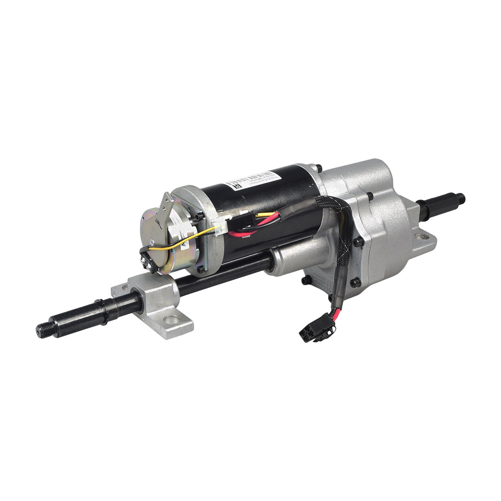 Motor, Brake, and Transaxle Assembly for the Go-Go ES (S83), Mega Motion Rascal 3, & Pride Travel Pro (S36), featuring a grey electric motor with wires, close-up of machine parts, and barcode.